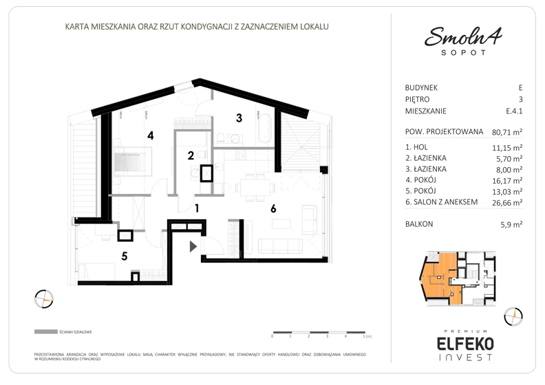 3 pokoje, mieszkanie 80,71 m², piętro 3, oferta nr E.4.1, Smolna 4, Sopot, Świemirowo, ul. Smolna 4