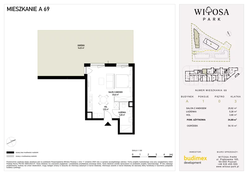 1 pokój, mieszkanie 34,80 m², parter, oferta nr A69, Witosa Park, Poznań, Winiary, Winiary, ul. Piątkowska 165 A-B