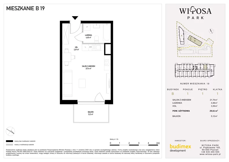 1 pokój, mieszkanie 29,61 m², piętro 1, oferta nr B19, Witosa Park, Poznań, Winiary, Winiary, ul. Piątkowska 165 A-B