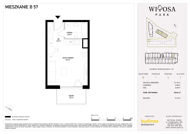 1 pokój, mieszkanie 29,61 m², piętro 3, oferta nr B57, Witosa Park, Poznań, Winiary, Winiary, ul. Piątkowska 165 A-B