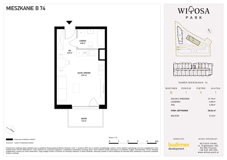 1 pokój, mieszkanie 29,61 m², piętro 4, oferta nr B74, Witosa Park, Poznań, Winiary, Winiary, ul. Piątkowska 165 A-B