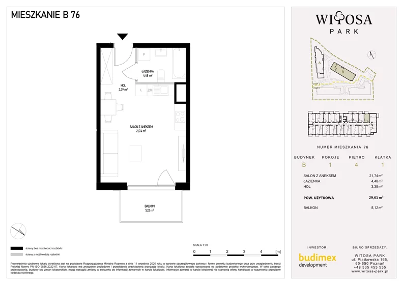 1 pokój, mieszkanie 29,61 m², piętro 4, oferta nr B76, Witosa Park, Poznań, Winiary, Winiary, ul. Piątkowska 165 A-B