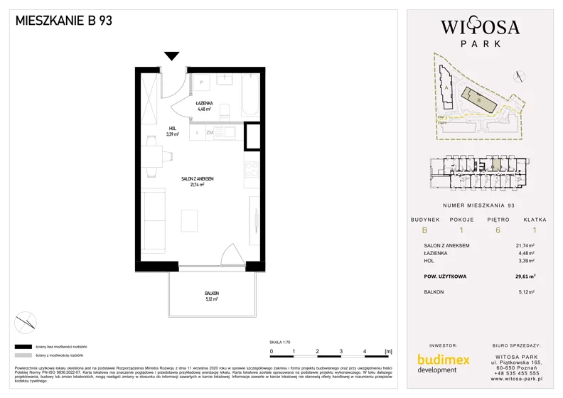 1 pokój, mieszkanie 29,61 m², piętro 5, oferta nr B93, Witosa Park, Poznań, Winiary, Winiary, ul. Piątkowska 165 A-B