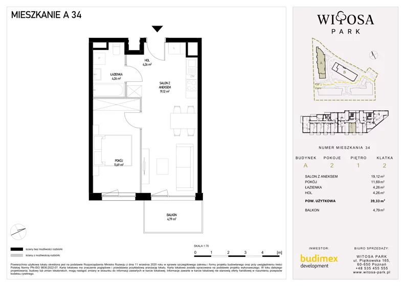 2 pokoje, mieszkanie 39,33 m², piętro 1, oferta nr A34, Witosa Park, Poznań, Winiary, Winiary, ul. Piątkowska 165 A-B