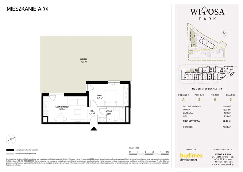 2 pokoje, mieszkanie 38,35 m², parter, oferta nr A74, Witosa Park, Poznań, Winiary, Winiary, ul. Piątkowska 165 A-B