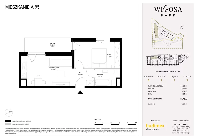 2 pokoje, mieszkanie 38,72 m², piętro 3, oferta nr A95, Witosa Park, Poznań, Winiary, Winiary, ul. Piątkowska 165 A-B