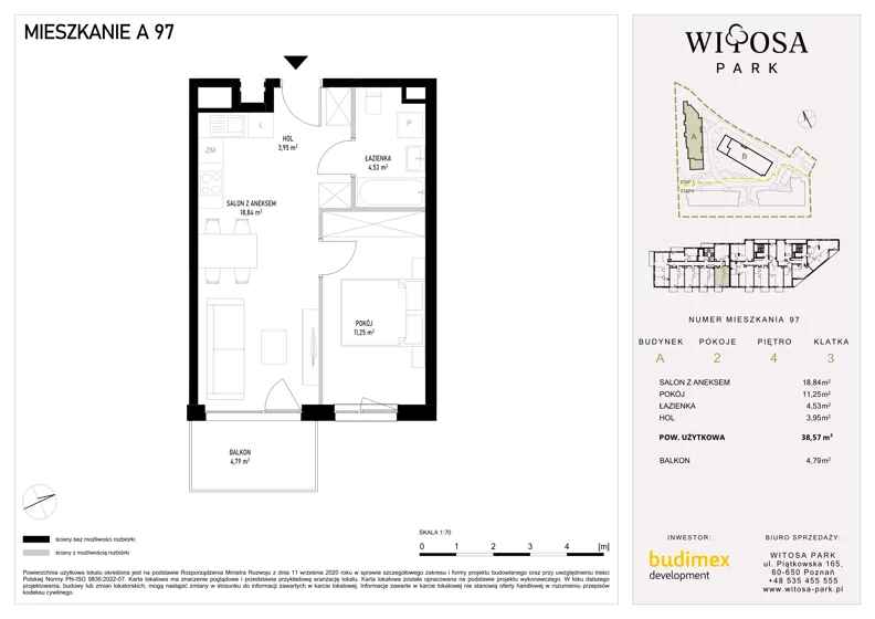 2 pokoje, mieszkanie 38,57 m², piętro 4, oferta nr A97, Witosa Park, Poznań, Winiary, Winiary, ul. Piątkowska 165 A-B