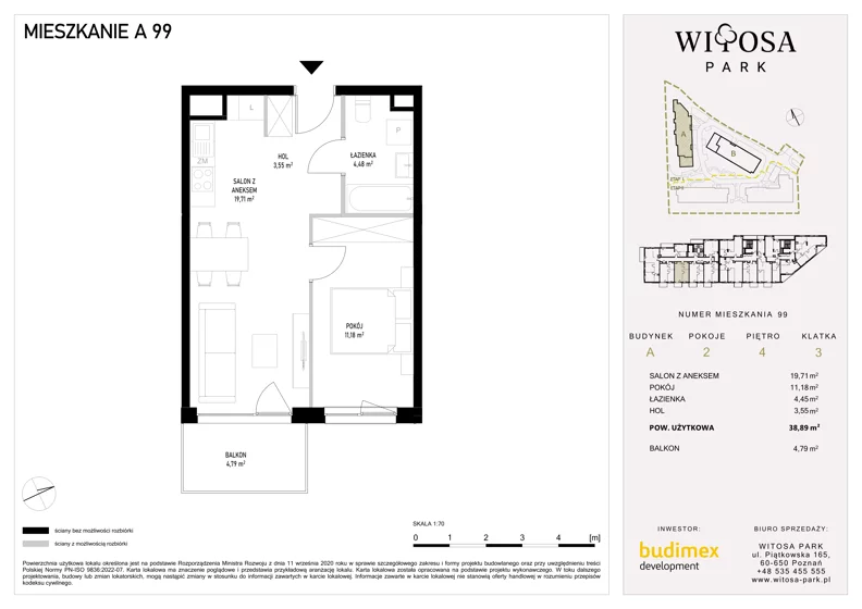 2 pokoje, mieszkanie 38,89 m², piętro 4, oferta nr A99, Witosa Park, Poznań, Winiary, Winiary, ul. Piątkowska 165 A-B
