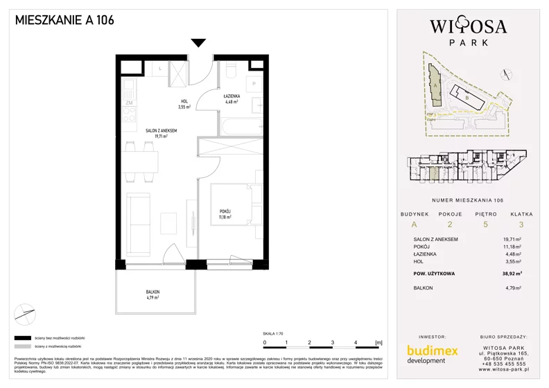 2 pokoje, mieszkanie 38,92 m², piętro 5, oferta nr A106, Witosa Park, Poznań, Winiary, Winiary, ul. Piątkowska 165 A-B