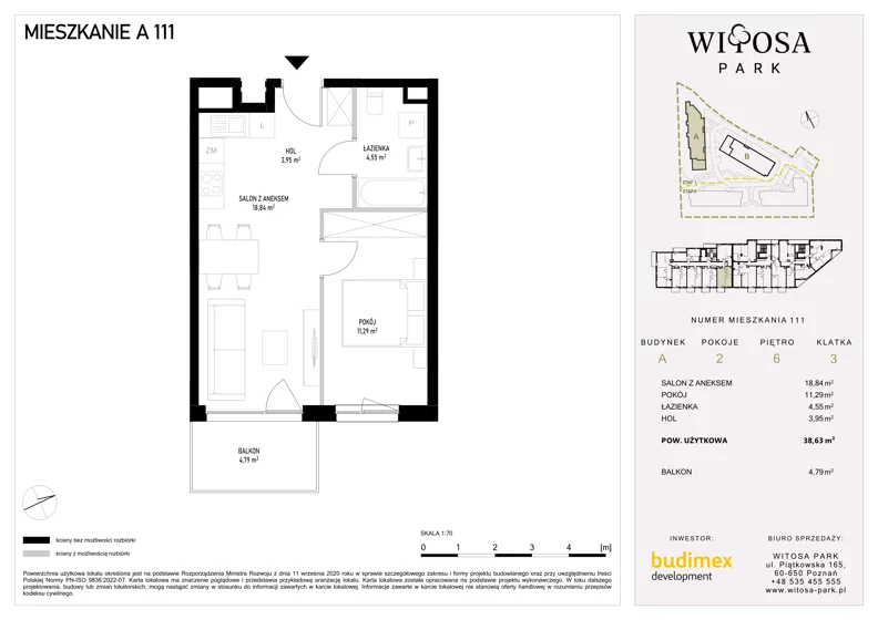 2 pokoje, mieszkanie 38,63 m², piętro 6, oferta nr A111, Witosa Park, Poznań, Winiary, Winiary, ul. Piątkowska 165 A-B