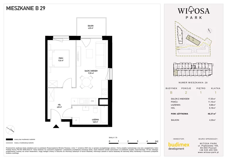 2 pokoje, mieszkanie 40,37 m², piętro 1, oferta nr B29, Witosa Park, Poznań, Winiary, Winiary, ul. Piątkowska 165 A-B