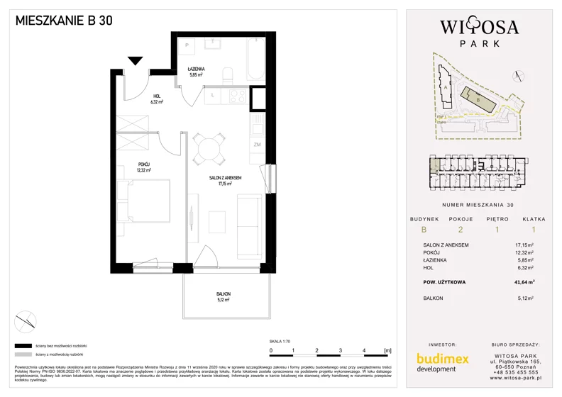 2 pokoje, mieszkanie 41,64 m², piętro 1, oferta nr B30, Witosa Park, Poznań, Winiary, Winiary, ul. Piątkowska 165 A-B