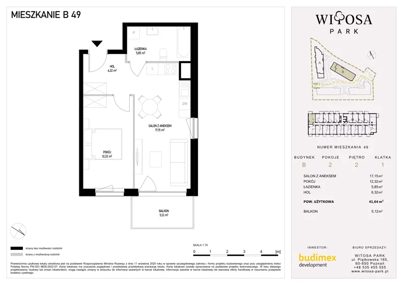 2 pokoje, mieszkanie 41,64 m², piętro 2, oferta nr B49, Witosa Park, Poznań, Winiary, Winiary, ul. Piątkowska 165 A-B