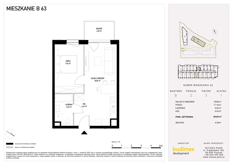 2 pokoje, mieszkanie 38,69 m², piętro 3, oferta nr B63, Witosa Park, Poznań, Winiary, Winiary, ul. Piątkowska 165 A-B