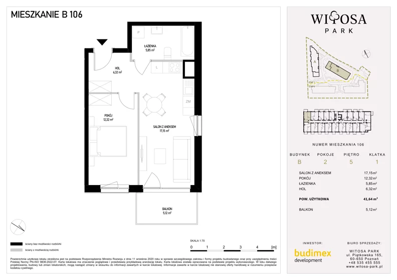 2 pokoje, mieszkanie 41,64 m², piętro 5, oferta nr B106, Witosa Park, Poznań, Winiary, Winiary, ul. Piątkowska 165 A-B