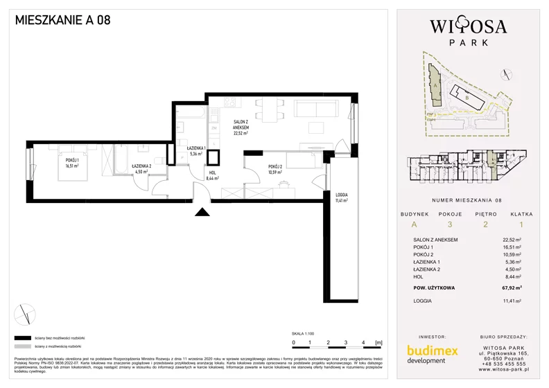 3 pokoje, mieszkanie 67,92 m², piętro 2, oferta nr A8, Witosa Park, Poznań, Winiary, Winiary, ul. Piątkowska 165 A-B