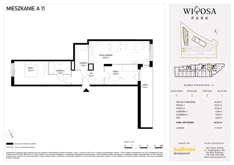 3 pokoje, mieszkanie 67,92 m², piętro 3, oferta nr A11, Witosa Park, Poznań, Winiary, Winiary, ul. Piątkowska 165 A-B
