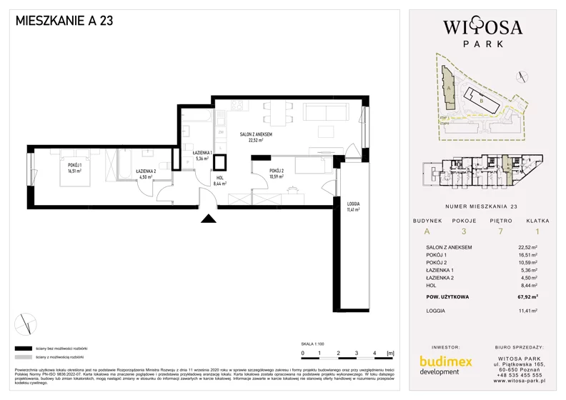 3 pokoje, mieszkanie 67,92 m², piętro 7, oferta nr A23, Witosa Park, Poznań, Winiary, Winiary, ul. Piątkowska 165 A-B