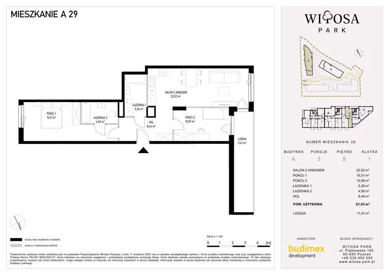 3 pokoje, mieszkanie 67,92 m², piętro 9, oferta nr A29, Witosa Park, Poznań, Winiary, Winiary, ul. Piątkowska 165 A-B