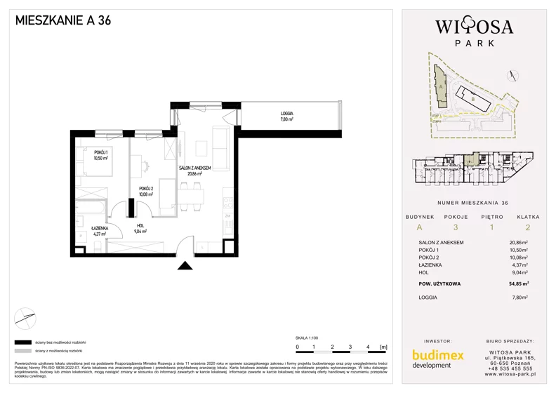 3 pokoje, mieszkanie 54,85 m², piętro 1, oferta nr A36, Witosa Park, Poznań, Winiary, Winiary, ul. Piątkowska 165 A-B