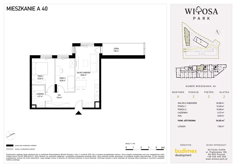 3 pokoje, mieszkanie 54,85 m², piętro 2, oferta nr A40, Witosa Park, Poznań, Winiary, Winiary, ul. Piątkowska 165 A-B