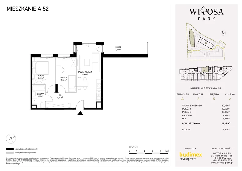 3 pokoje, mieszkanie 54,85 m², piętro 5, oferta nr A52, Witosa Park, Poznań, Winiary, Winiary, ul. Piątkowska 165 A-B