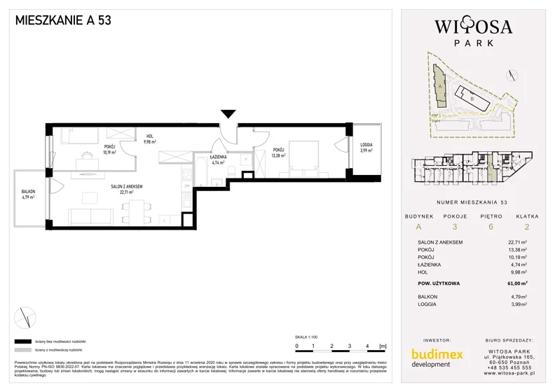 3 pokoje, mieszkanie 61,00 m², piętro 6, oferta nr A53, Witosa Park, Poznań, Winiary, Winiary, ul. Piątkowska 165 A-B