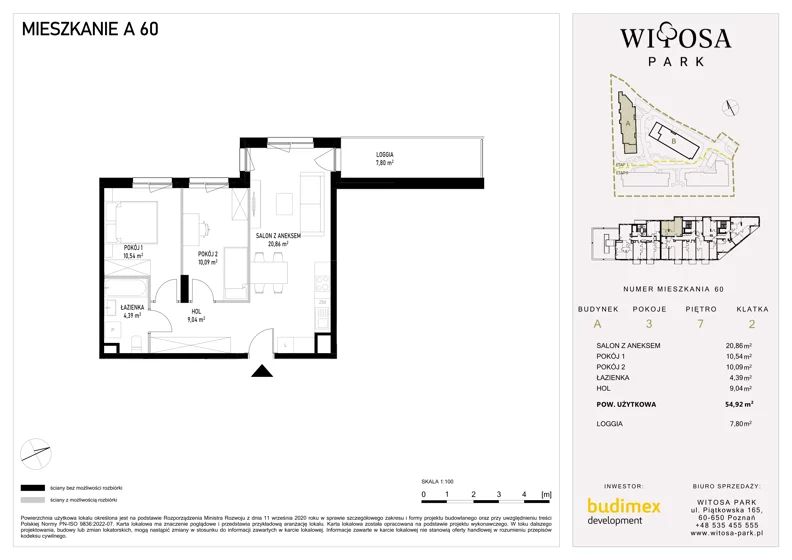 3 pokoje, mieszkanie 54,92 m², piętro 7, oferta nr A60, Witosa Park, Poznań, Winiary, Winiary, ul. Piątkowska 165 A-B