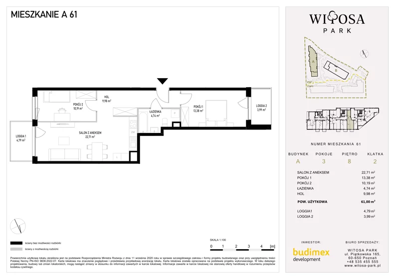 3 pokoje, mieszkanie 61,00 m², piętro 8, oferta nr A61, Witosa Park, Poznań, Winiary, Winiary, ul. Piątkowska 165 A-B