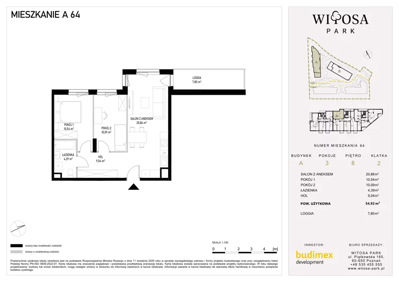 3 pokoje, mieszkanie 54,92 m², piętro 8, oferta nr A64, Witosa Park, Poznań, Winiary, Winiary, ul. Piątkowska 165 A-B