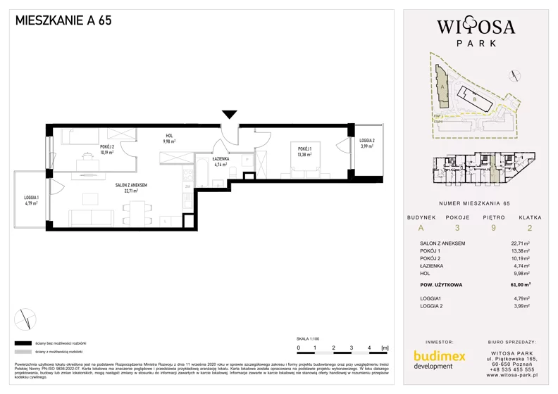 3 pokoje, mieszkanie 61,00 m², piętro 9, oferta nr A65, Witosa Park, Poznań, Winiary, Winiary, ul. Piątkowska 165 A-B