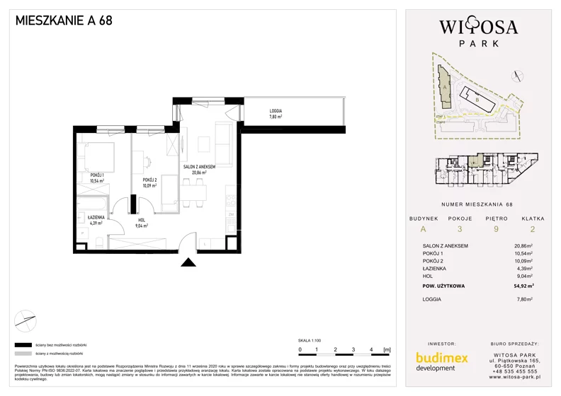 3 pokoje, mieszkanie 54,92 m², piętro 9, oferta nr A68, Witosa Park, Poznań, Winiary, Winiary, ul. Piątkowska 165 A-B