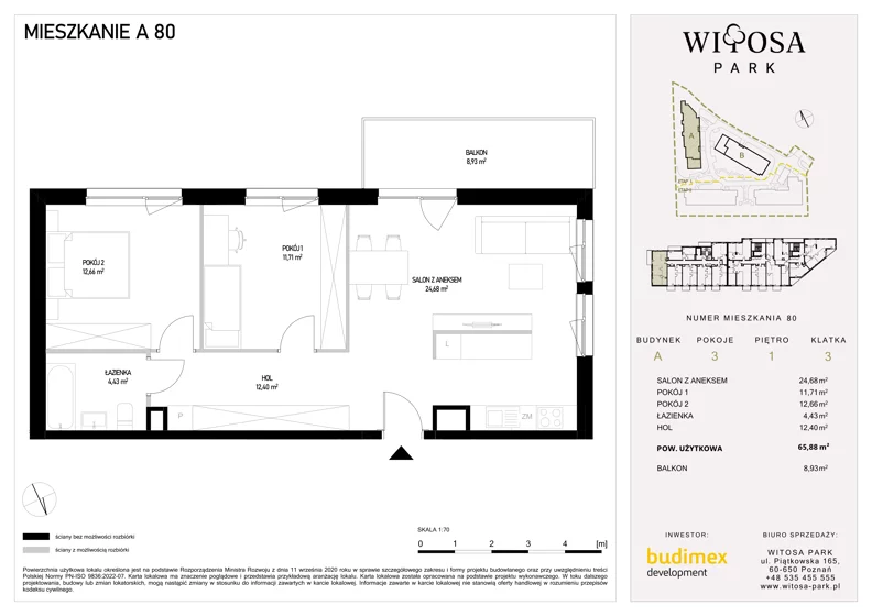 3 pokoje, mieszkanie 65,88 m², piętro 1, oferta nr A80, Witosa Park, Poznań, Winiary, Winiary, ul. Piątkowska 165 A-B