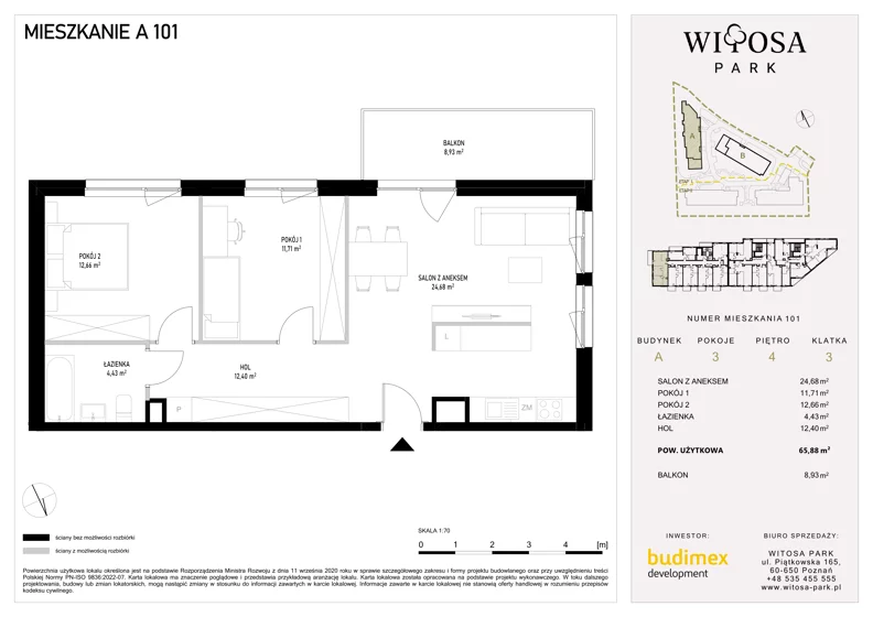 3 pokoje, mieszkanie 65,88 m², piętro 4, oferta nr A101, Witosa Park, Poznań, Winiary, Winiary, ul. Piątkowska 165 A-B