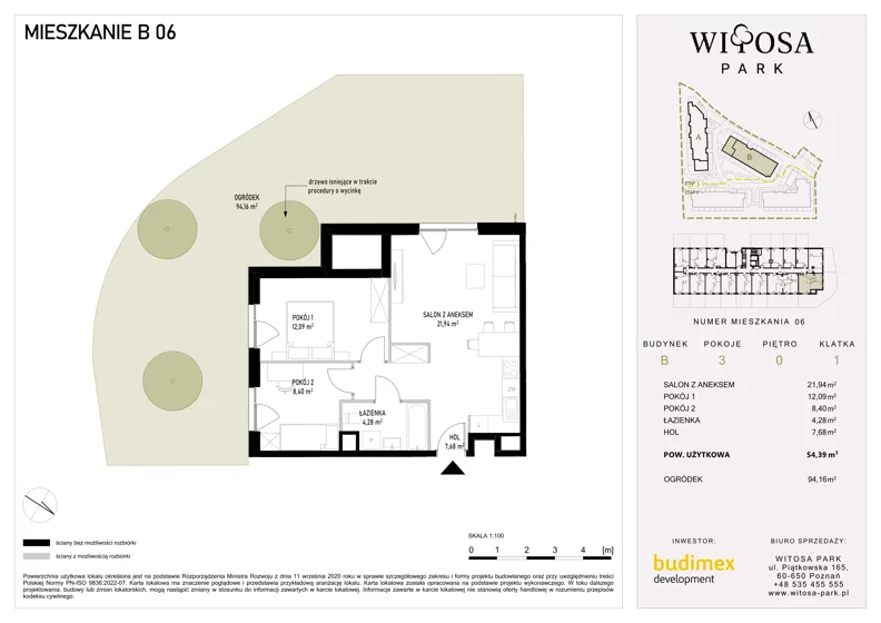 3 pokoje, mieszkanie 54,39 m², parter, oferta nr B6, Witosa Park, Poznań, Winiary, Winiary, ul. Piątkowska 165 A-B