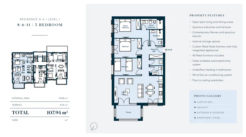 4 pokoje, mieszkanie 107,94 m², piętro 1, oferta nr 8611, HEIGHTS by Luštica Bay, Tivat