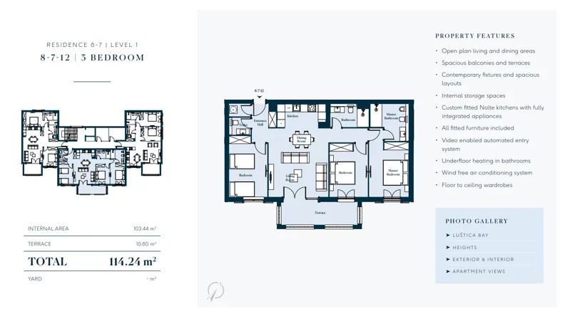 4 pokoje, mieszkanie 114,24 m², piętro 1, oferta nr 8712, HEIGHTS by Luštica Bay, Tivat