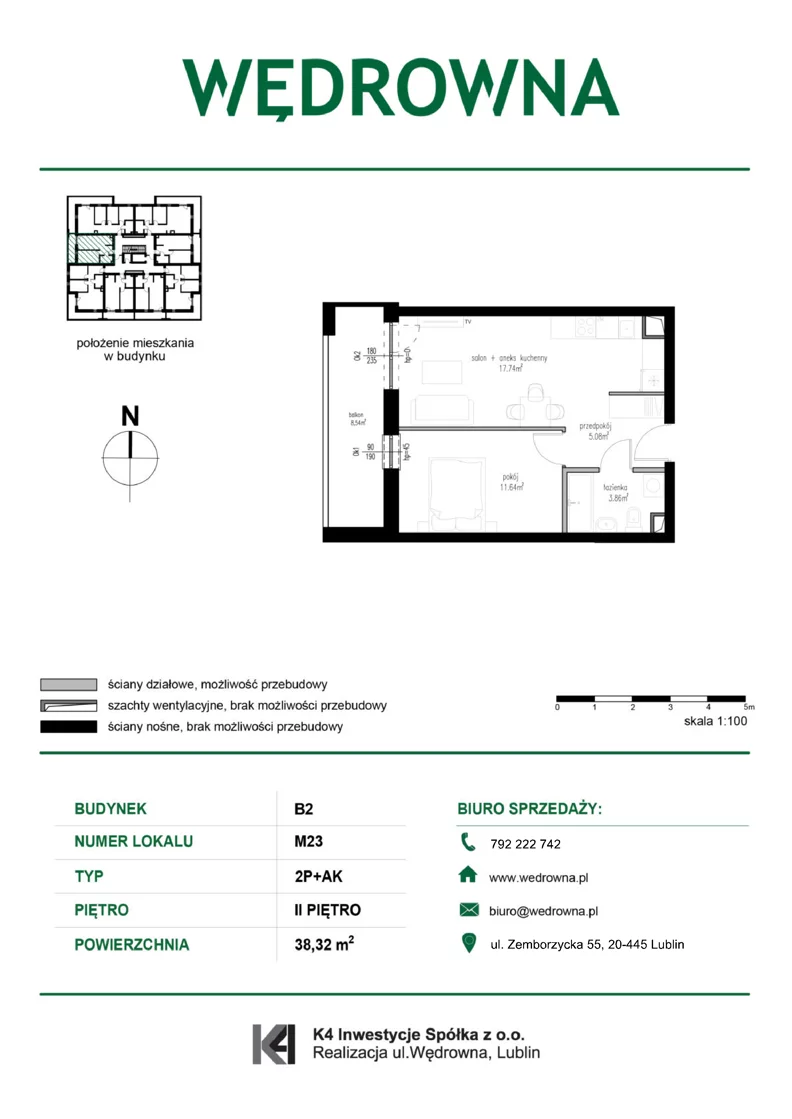 2 pokoje, mieszkanie 38,32 m², piętro 2, oferta nr M23, Osiedle Wędrowna bud. B2, Lublin, Sławin, ul. Wędrowna