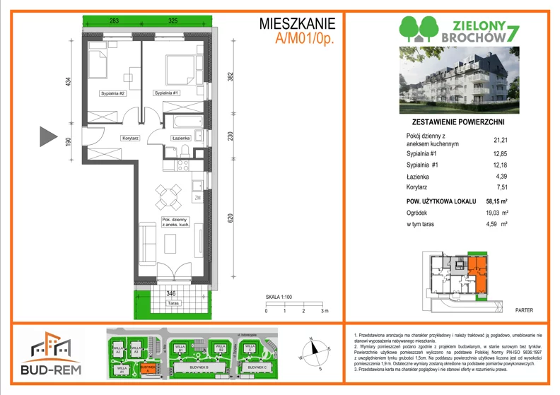 3 pokoje, mieszkanie 58,15 m², parter, oferta nr A/M01/0P, Zielony Brochów 7, Wrocław, Brochów, Krzyki, ul. Indonezyjska