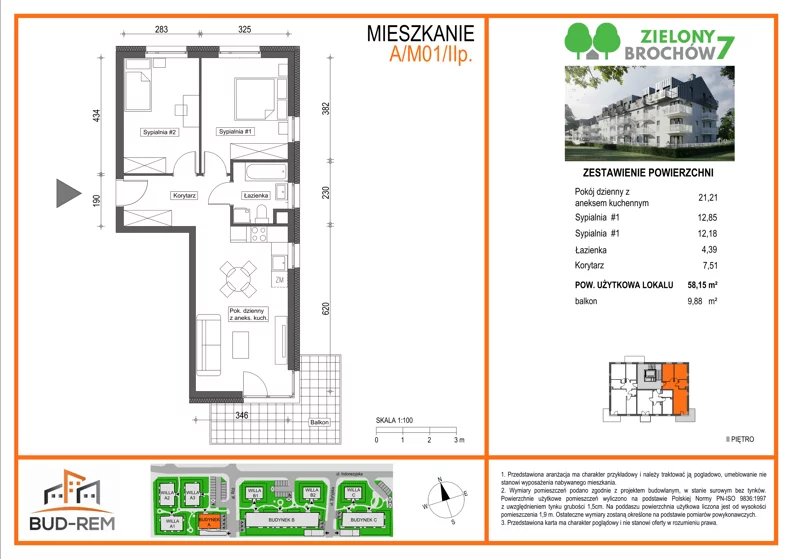 3 pokoje, mieszkanie 58,15 m², piętro 2, oferta nr A/M01/2P, Zielony Brochów 7, Wrocław, Brochów, Krzyki, ul. Indonezyjska