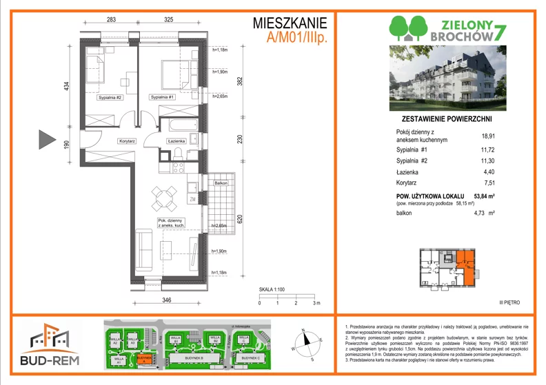 3 pokoje, mieszkanie 53,84 m², piętro 3, oferta nr A/M01/3P, Zielony Brochów 7, Wrocław, Brochów, Krzyki, ul. Indonezyjska