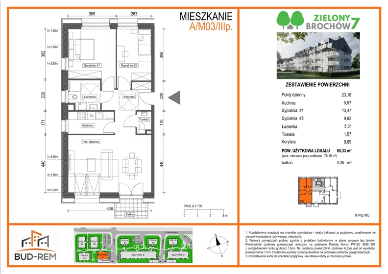 3 pokoje, mieszkanie 69,33 m², piętro 3, oferta nr A/M03/3P, Zielony Brochów 7, Wrocław, Brochów, Krzyki, ul. Indonezyjska