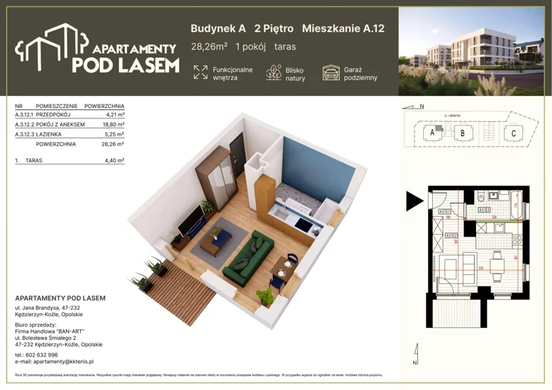 1 pokój, mieszkanie 28,26 m², piętro 2, oferta nr A.12, Apartamenty Pod Lasem, Kędzierzyn-Koźle, ul. Jana Brandysa