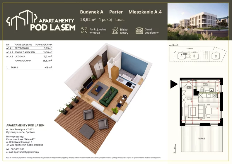 1 pokój, mieszkanie 28,62 m², parter, oferta nr A.04, Apartamenty Pod Lasem, Kędzierzyn-Koźle, ul. Jana Brandysa