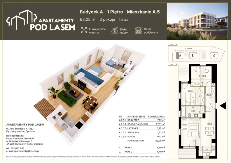3 pokoje, mieszkanie 63,25 m², piętro 1, oferta nr A.05, Apartamenty Pod Lasem, Kędzierzyn-Koźle, ul. Jana Brandysa
