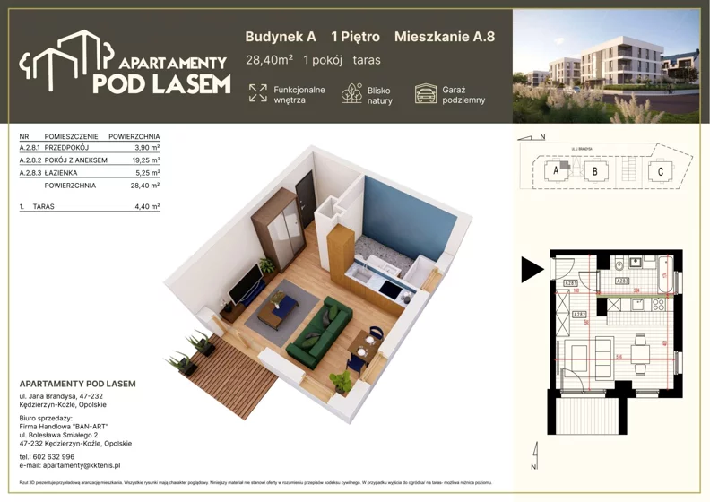 1 pokój, mieszkanie 28,40 m², piętro 1, oferta nr A.08, Apartamenty Pod Lasem, Kędzierzyn-Koźle, ul. Jana Brandysa
