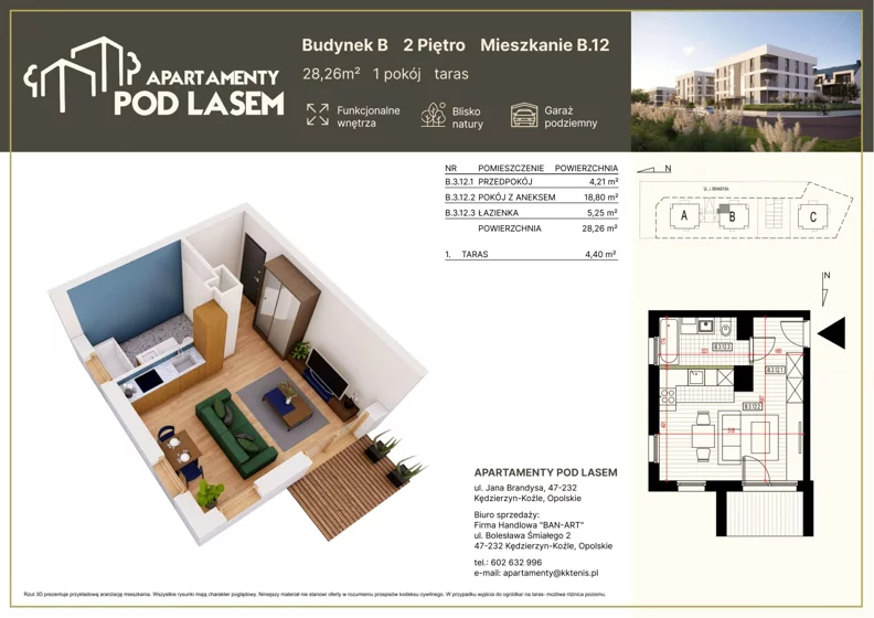 1 pokój, mieszkanie 28,26 m², piętro 2, oferta nr B.12, Apartamenty Pod Lasem, Kędzierzyn-Koźle, ul. Jana Brandysa