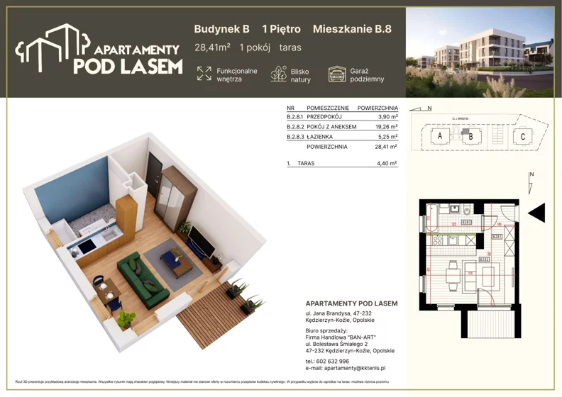 1 pokój, mieszkanie 28,41 m², piętro 1, oferta nr B.08, Apartamenty Pod Lasem, Kędzierzyn-Koźle, ul. Jana Brandysa