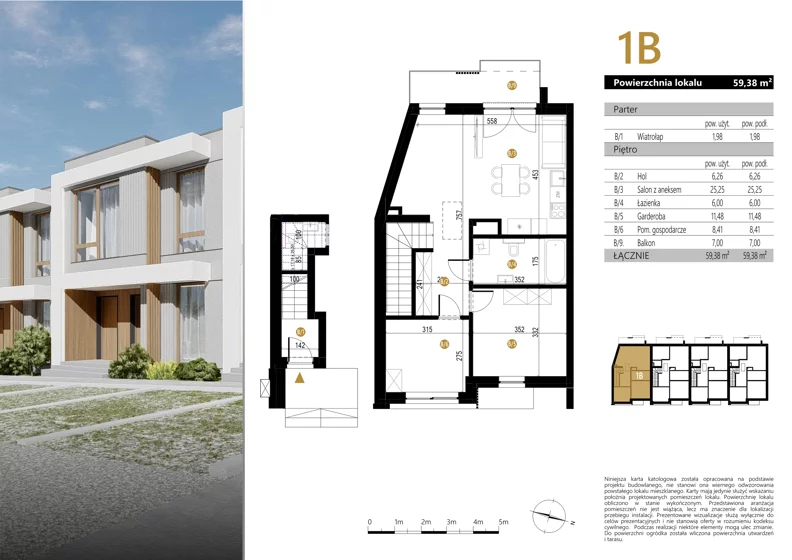 3 pokoje, mieszkanie 59,38 m², piętro 1, oferta nr 1B, Zielona Polna, Łańcut, ul. Polna 41