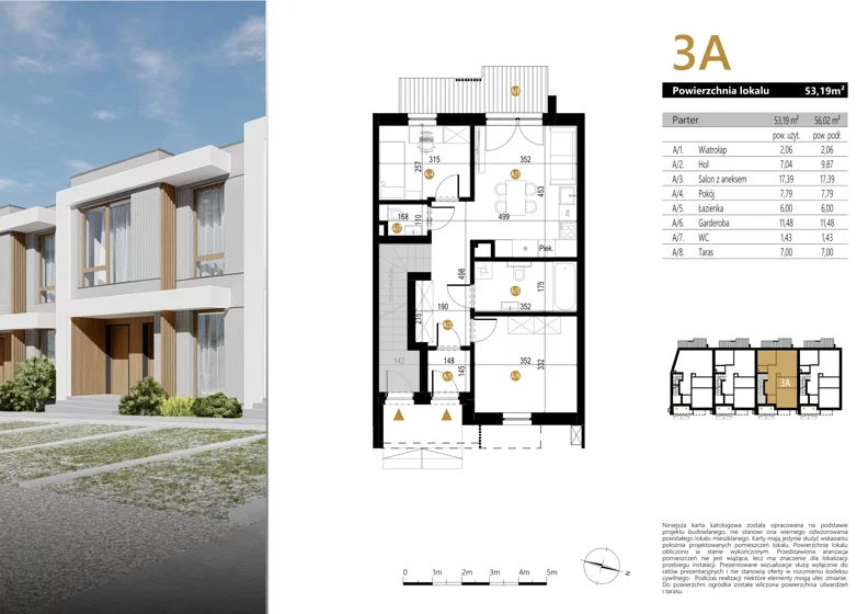 3 pokoje, mieszkanie 53,19 m², parter, oferta nr 3A, Zielona Polna, Łańcut, ul. Polna 41